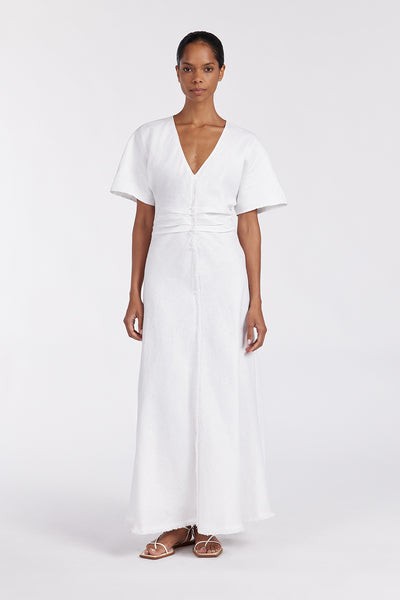 Kristen wearing ZAHARA WHITE FRINGING MIDI DRESS