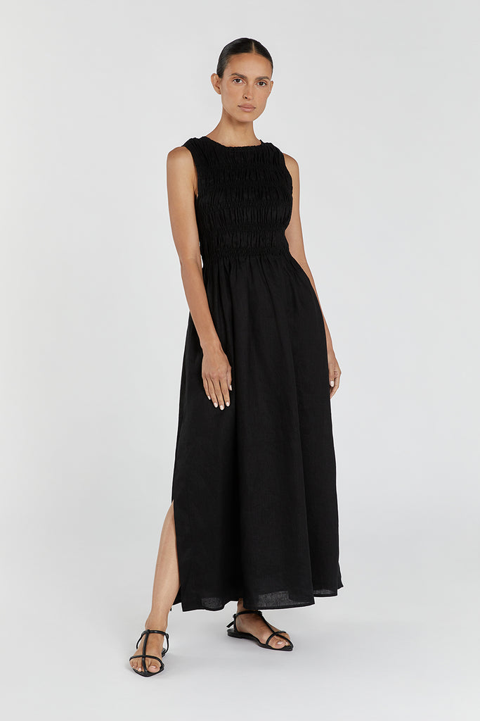 LESSI BLACK LINEN MIDI DRESS | Dissh