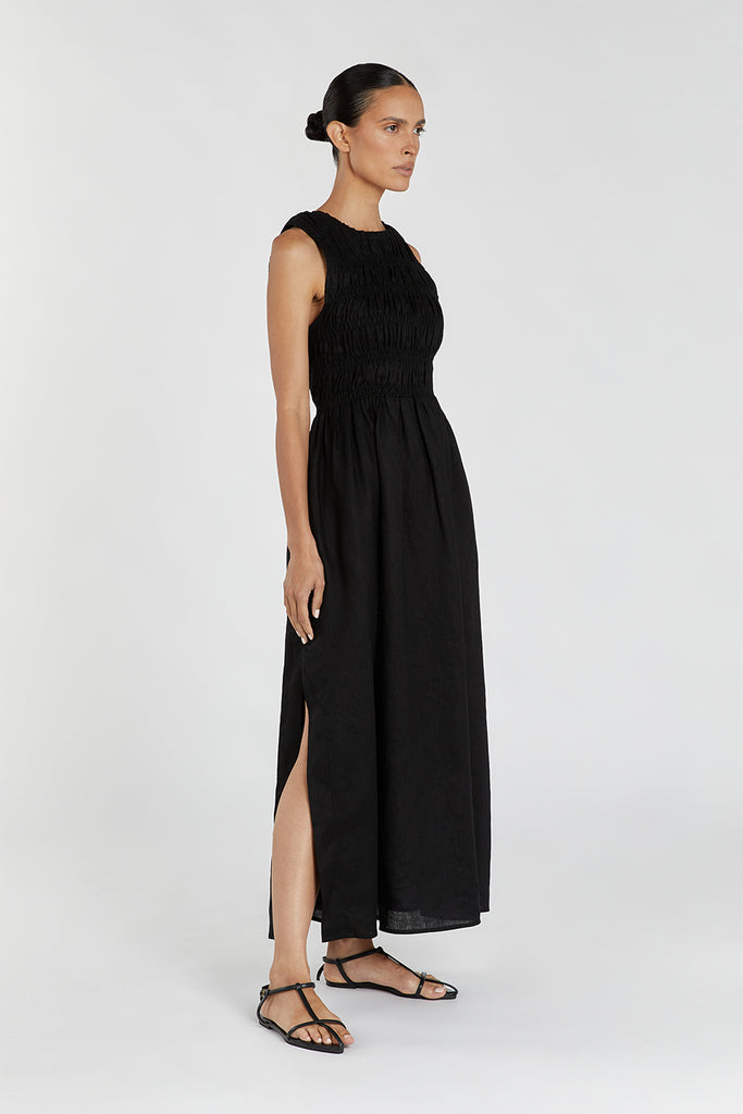 LESSI BLACK LINEN MIDI DRESS | Dissh