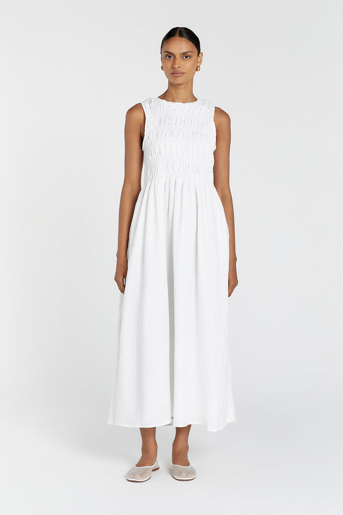 LESSI WHITE LINEN MIDI DRESS | Dissh