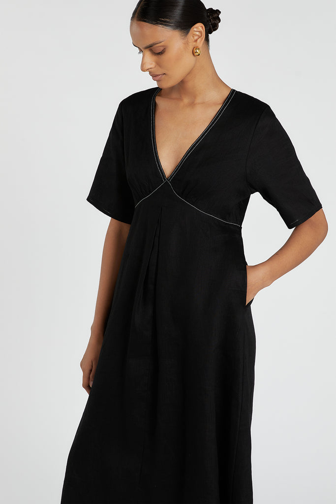 RHODES BLACK LINEN MIDI DRESS | Dissh