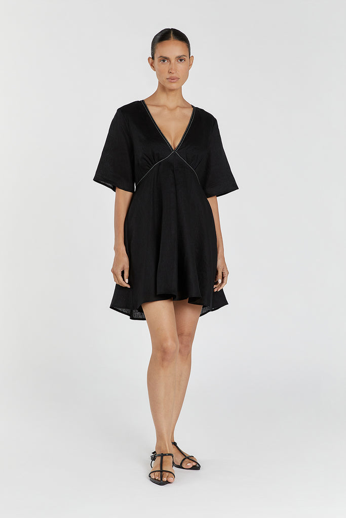 RHODES BLACK LINEN MINI DRESS | Dissh