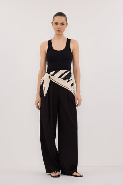 Stas wearing RAE BLACK STRIPE SILK SCARF TOP