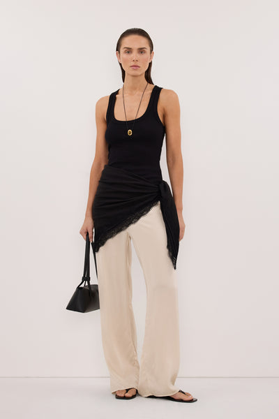 Stas wearing ANDREA BLACK CUPRO LACE SCARF