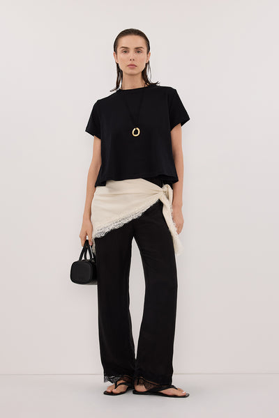 Stas wearing ANDREA SANDSTONE CUPRO LACE SCARF - PRE ORDER