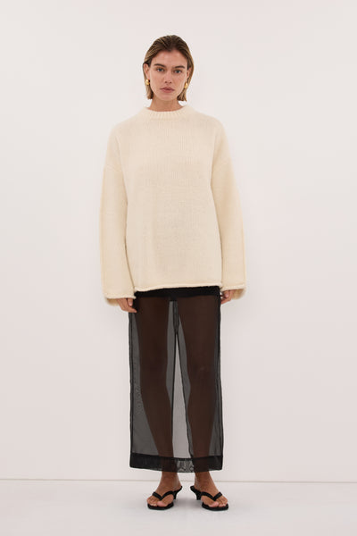 Joanna wearing MILLY CREAM CREW NECK KNIT JUMPER