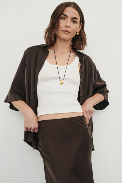 Bambi wearing PERCY BITTER CHOC SILK SHIRT