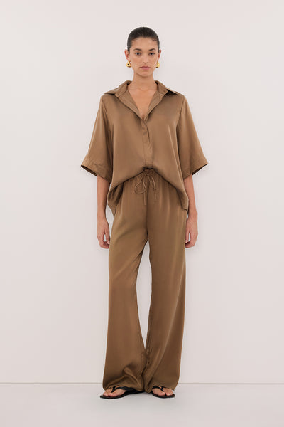 Aude wearing PERCY CHESTNUT SILK SHIRT