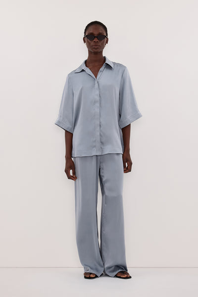 Maguette wearing PERCY DUSTY BLUE SILK SHIRT