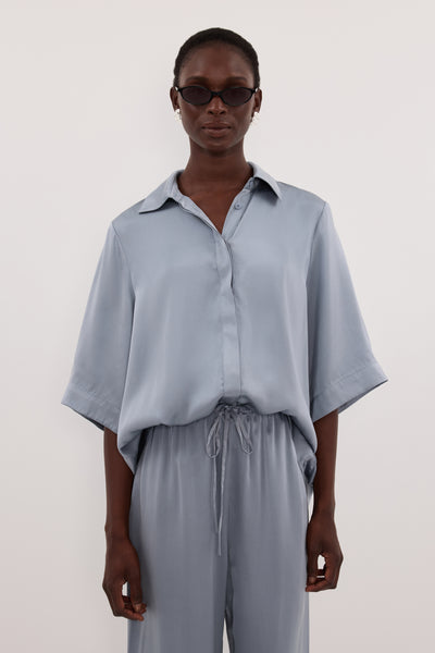 Maguette wearing PERCY DUSTY BLUE SILK SHIRT