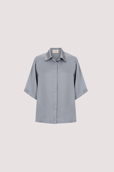 Stas wearing PERCY DUSTY BLUE SILK SHIRT