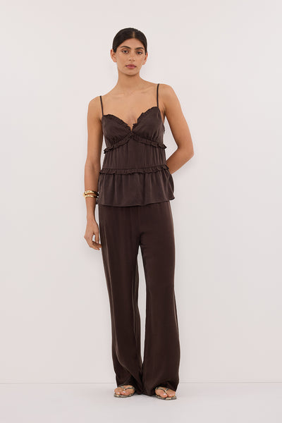 LENA BITTER CHOC SILK FRILL TOP – DISSH