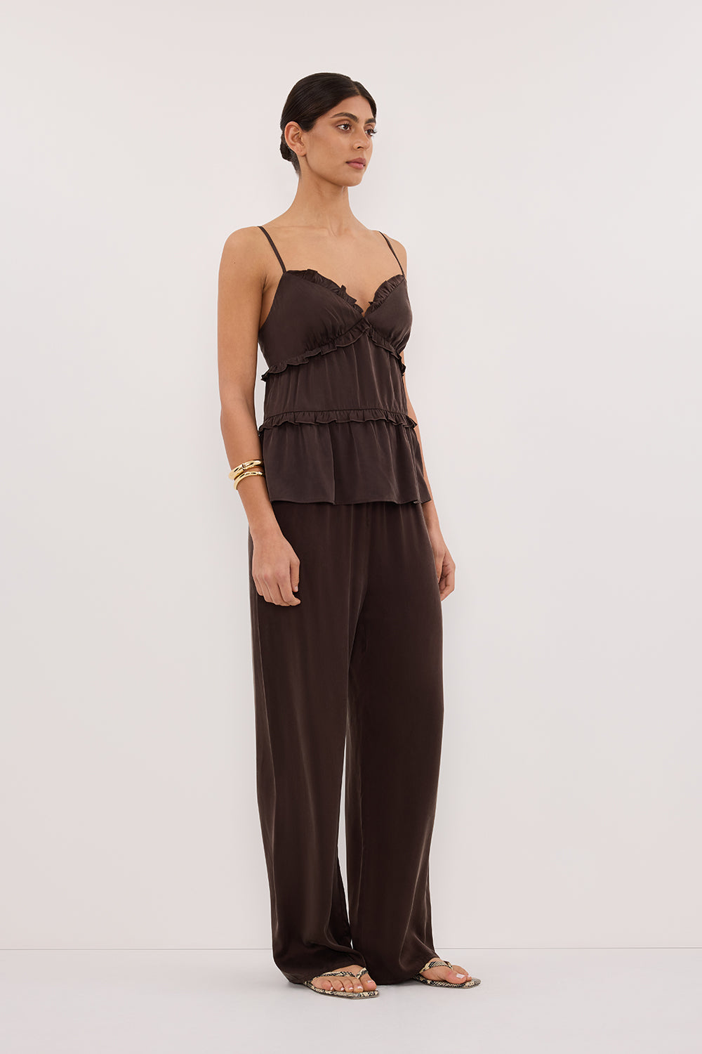 LENA BITTER CHOC SILK FRILL TOP – DISSH