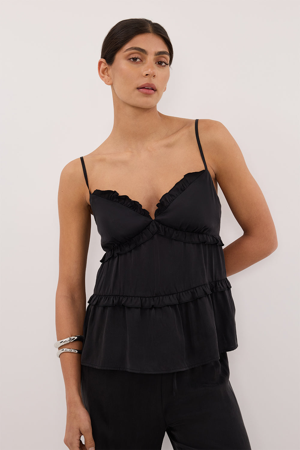 LENA BLACK SILK SLEEVELESS FRILL TOP