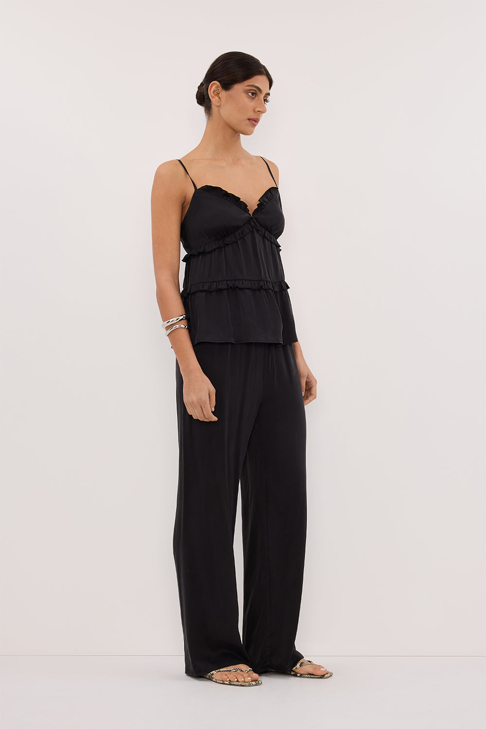 LENA BLACK SILK SLEEVELESS FRILL TOP