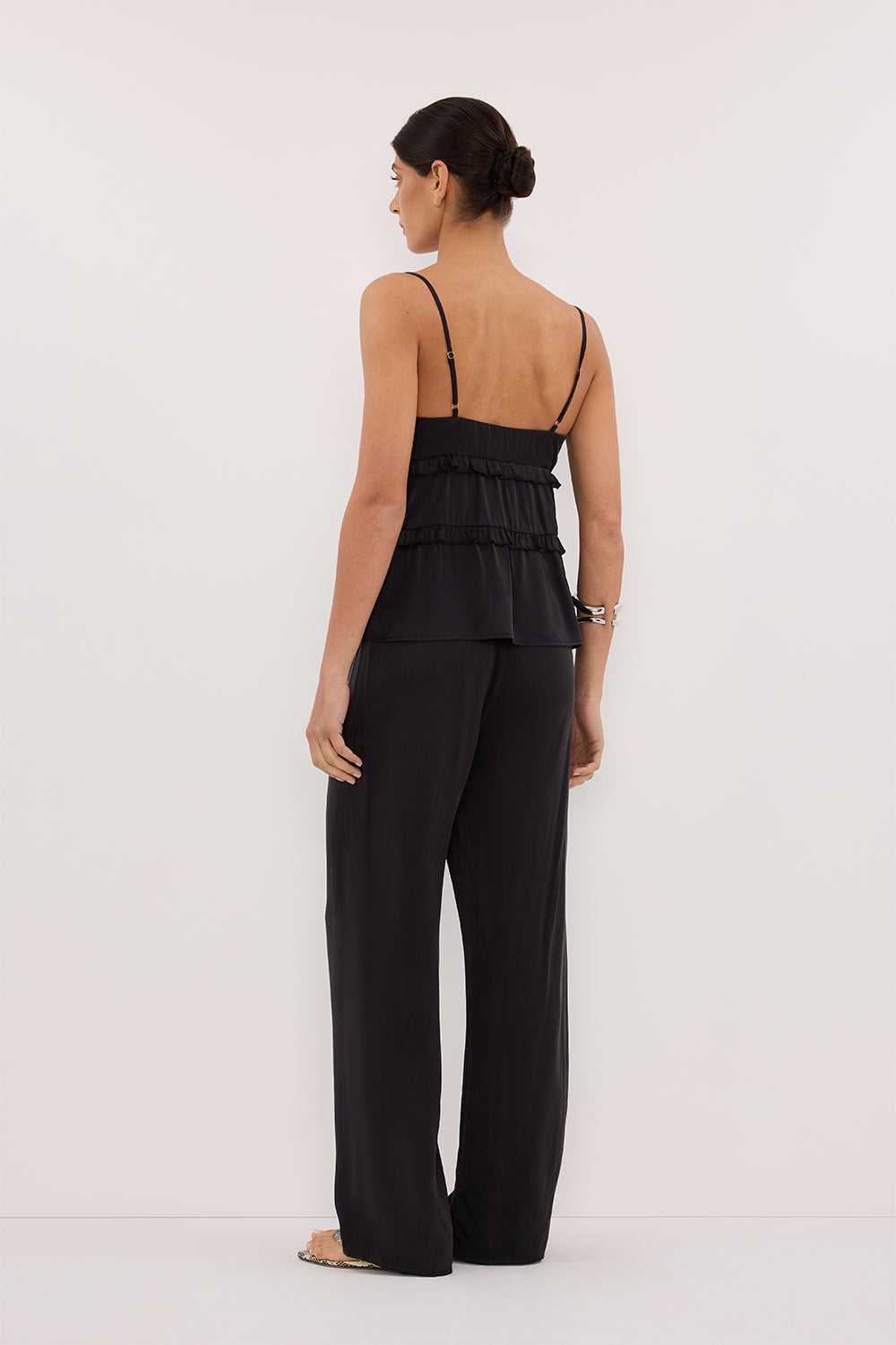 LENA BLACK SILK SLEEVELESS FRILL TOP