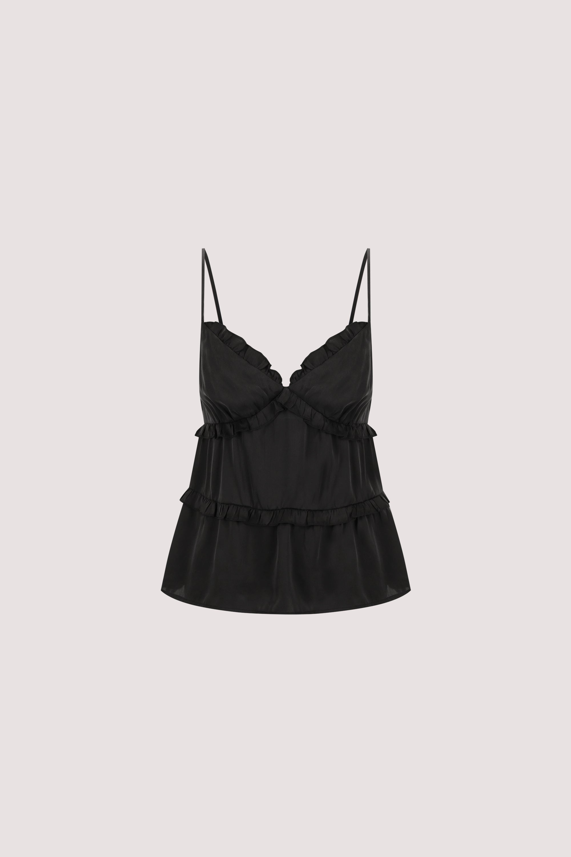 LENA BLACK SILK SLEEVELESS FRILL TOP