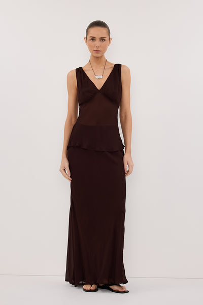 Stas wearing JORJA DARK CHOC SLEEVELESS V NECK TOP