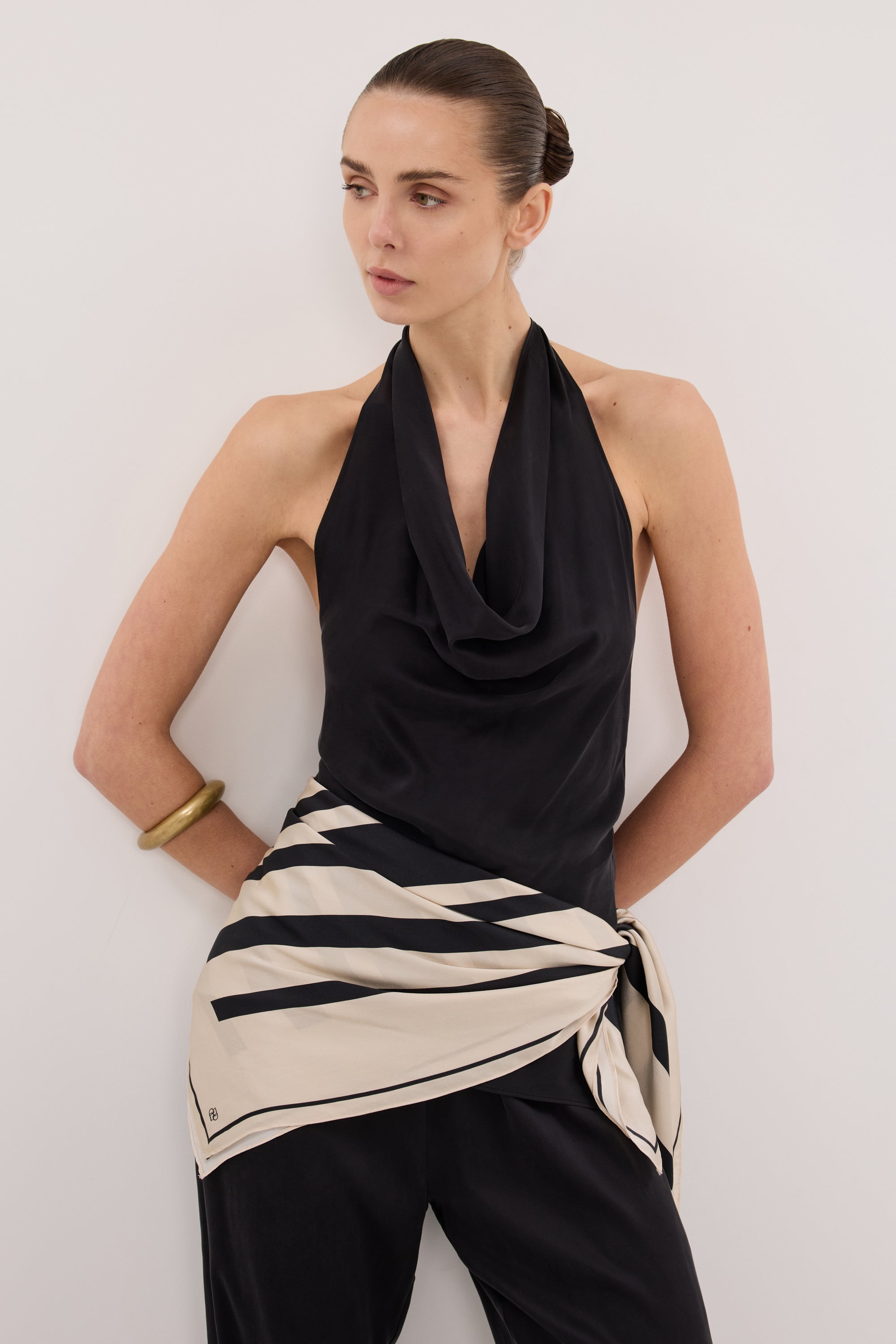CARLENE BLACK SILK COWL NECK TOP