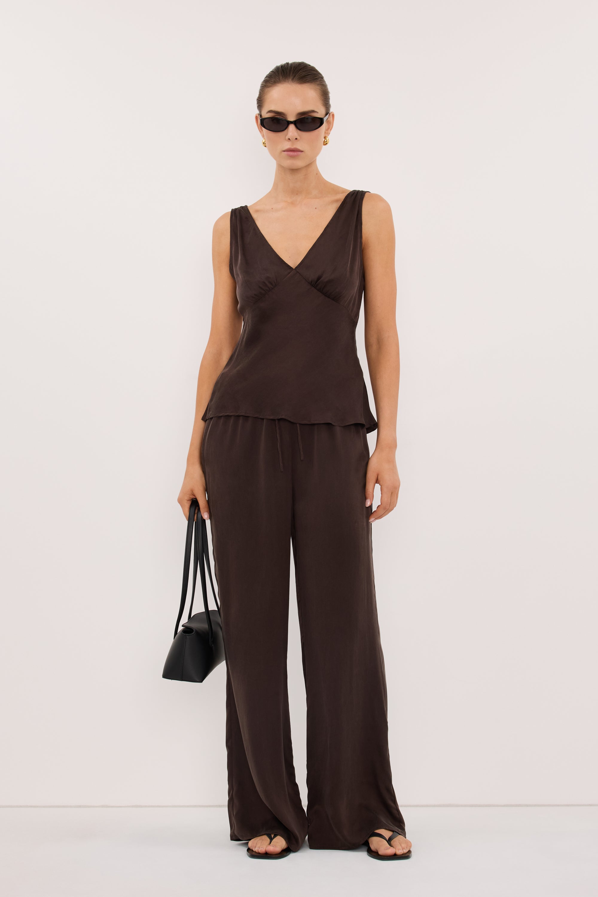 JORJA BITTER CHOC SLEEVELESS SILK TOP