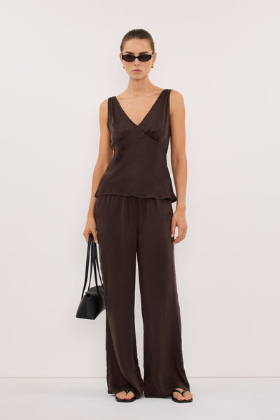Stas wearing JORJA BITTER CHOC SLEEVELESS SILK TOP