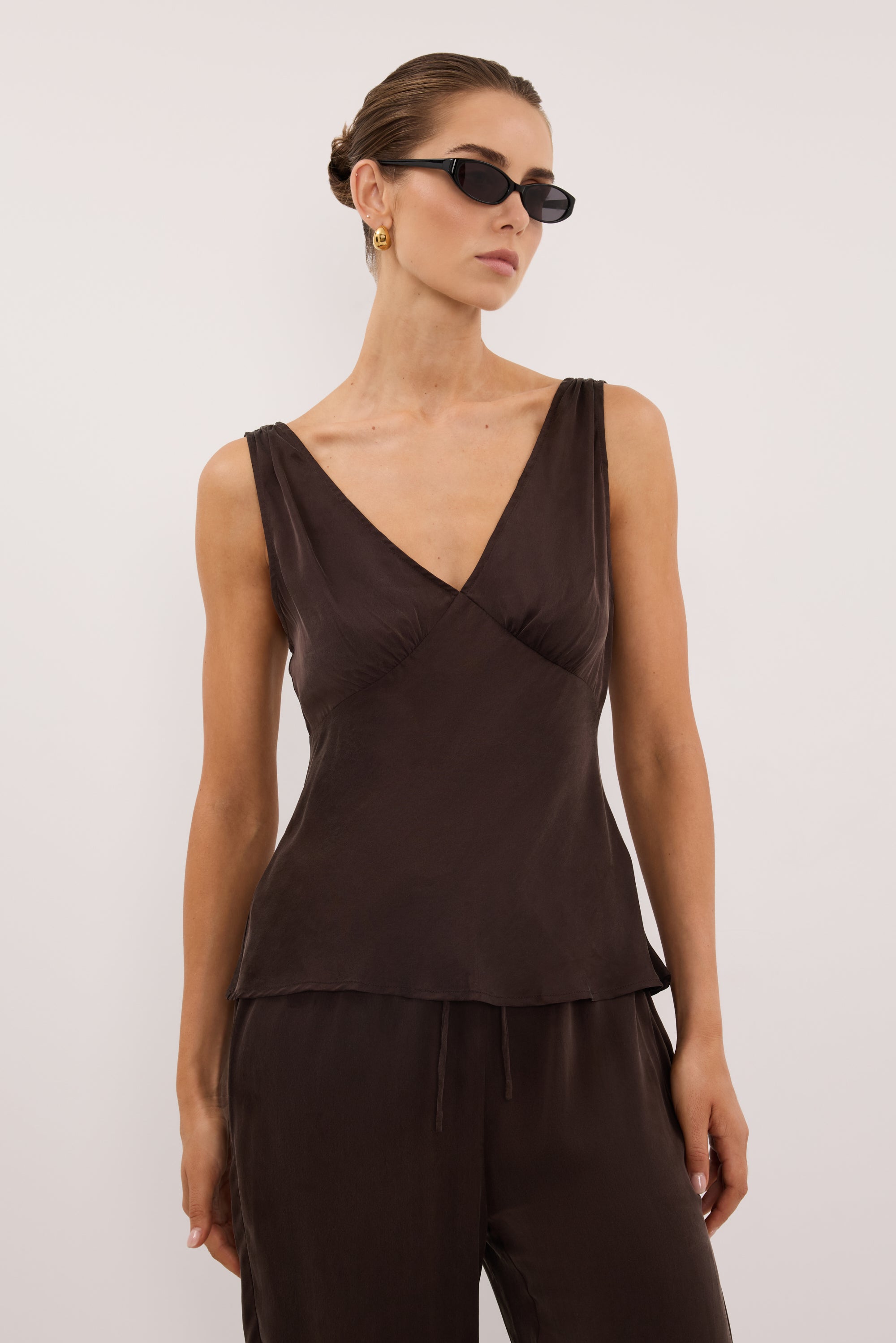 JORJA BITTER CHOC SLEEVELESS SILK TOP