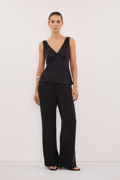 Stas wearing JORJA BLACK SLEEVELESS SILK TOP