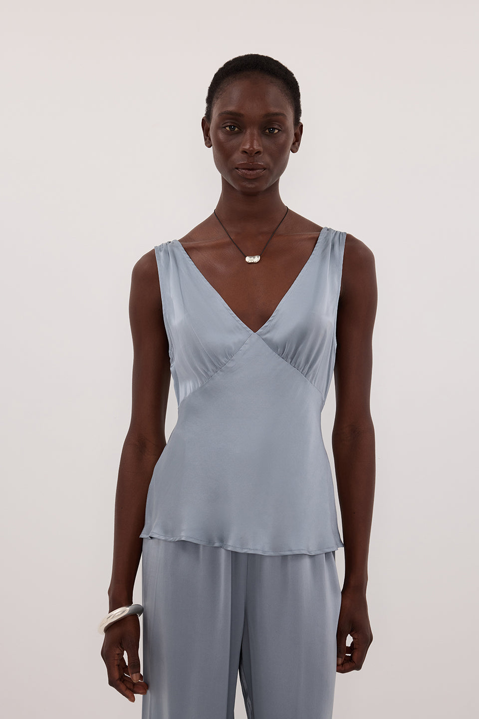 JORJA DUSTY BLUE SLEEVELESS SILK TOP