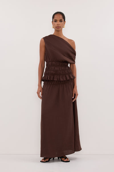 Kristen wearing MAIA COCOA SLEEVELESS LINEN SHIRRED TOP