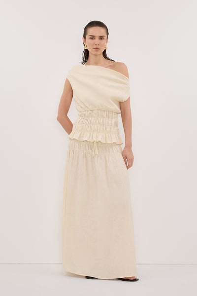Stas wearing MAIA STRAW SLEEVELESS LINEN SHIRRED TOP