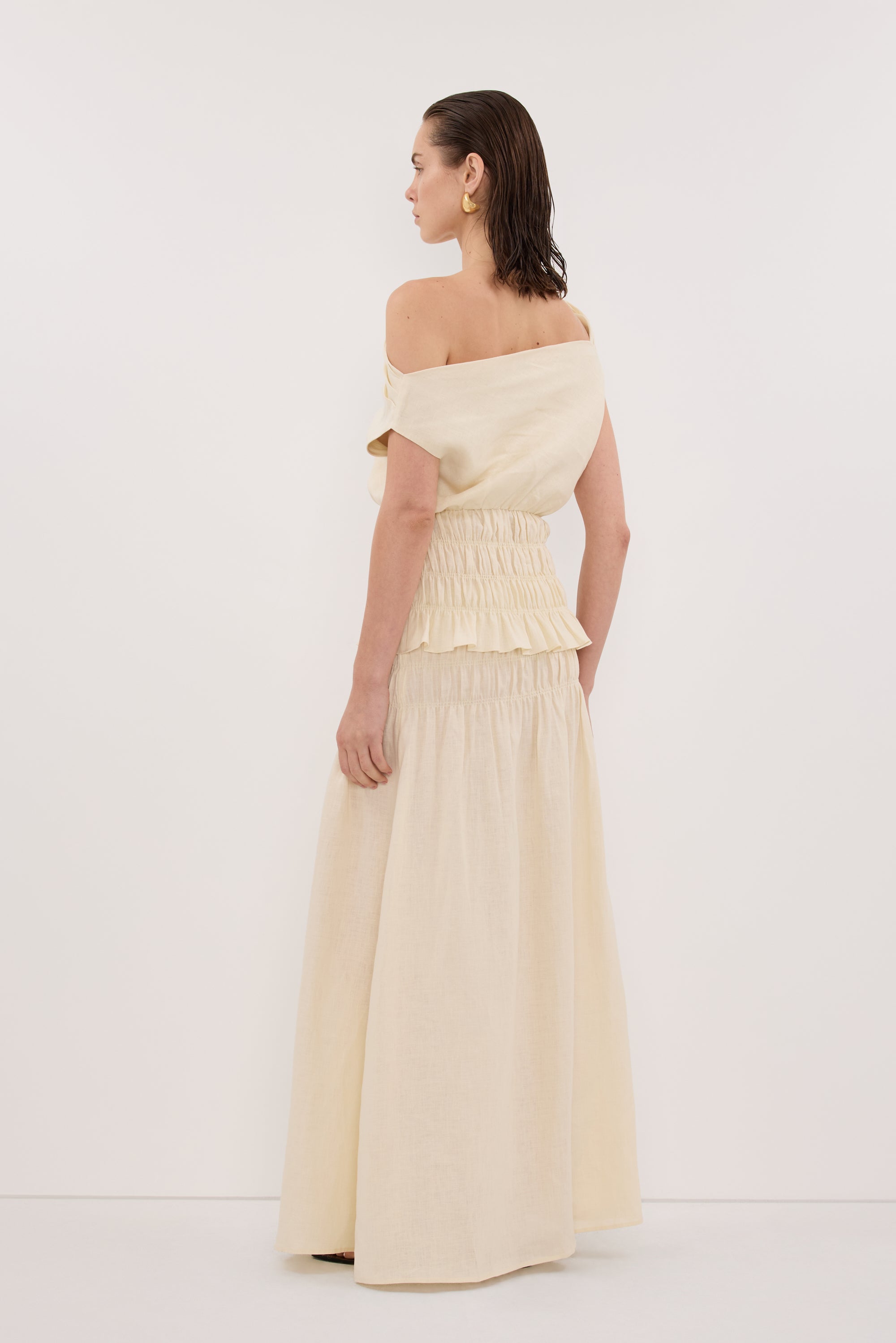 MAIA STRAW SLEEVELESS LINEN SHIRRED TOP