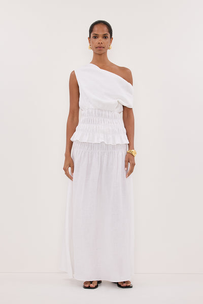 Kristen wearing MAIA WHITE SLEEVELESS LINEN SHIRRED TOP