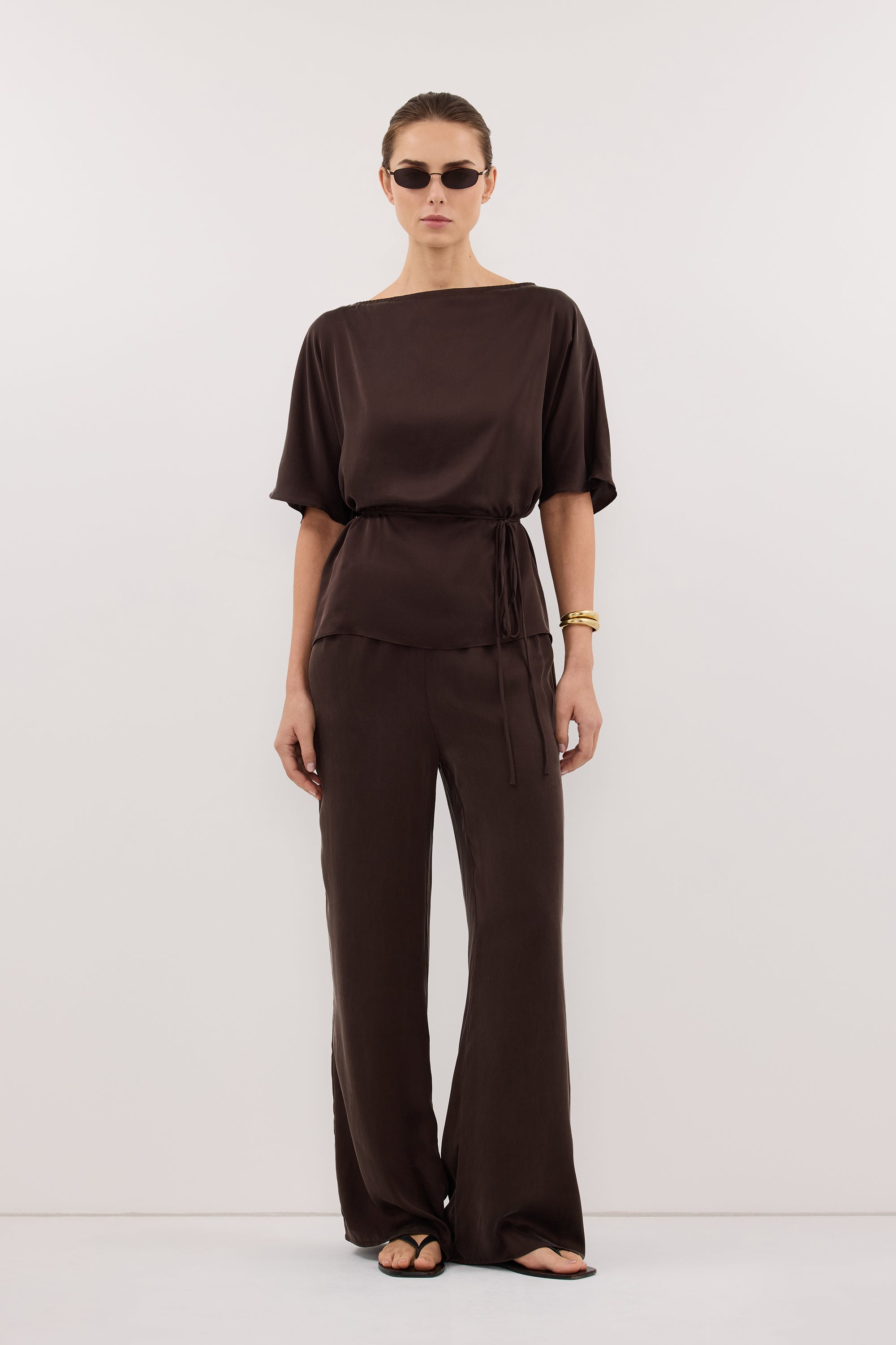 CORY BITTER CHOC SILK ASYM BATWING TOP
