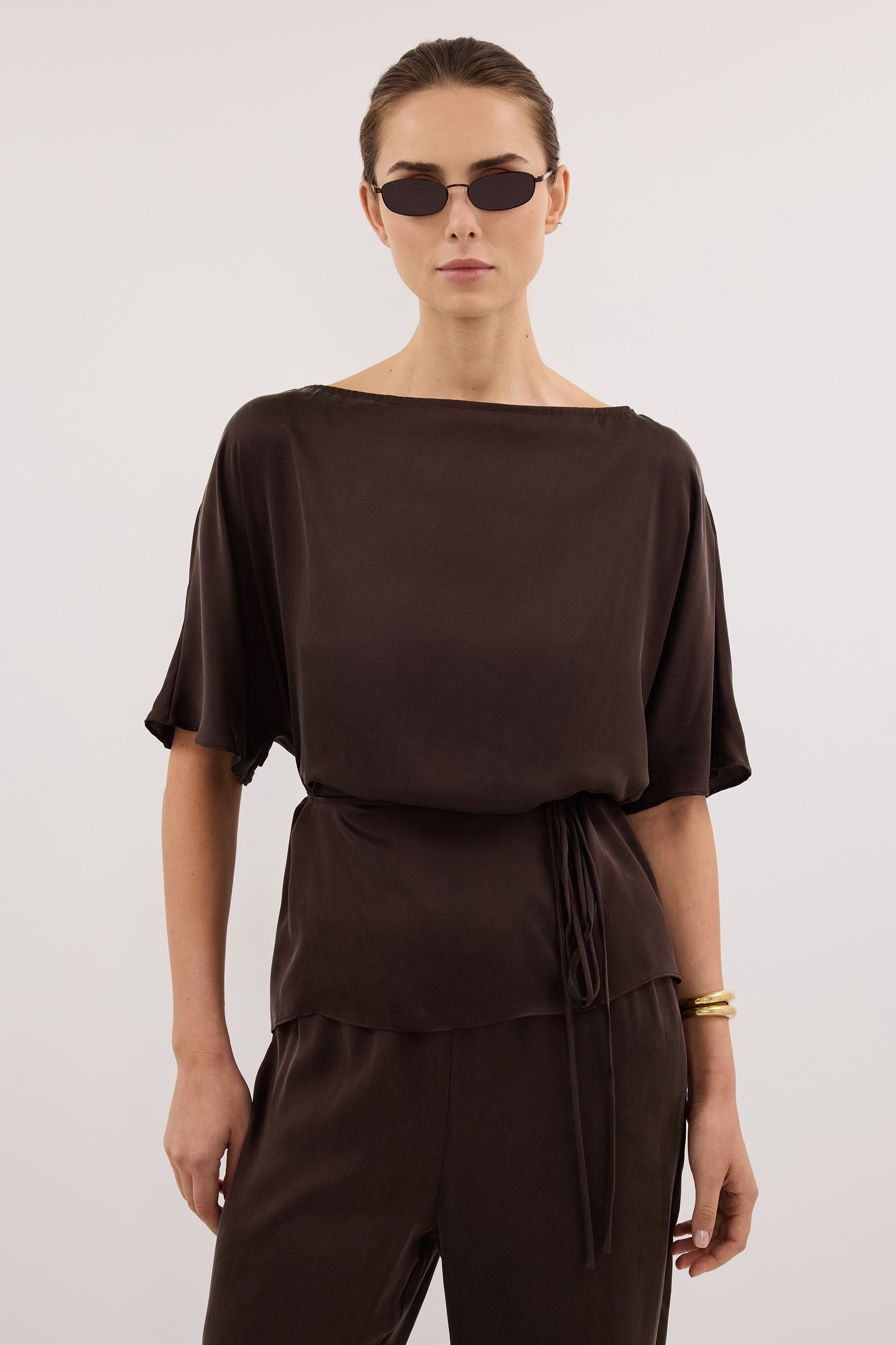 CORY BITTER CHOC SILK ASYM BATWING TOP