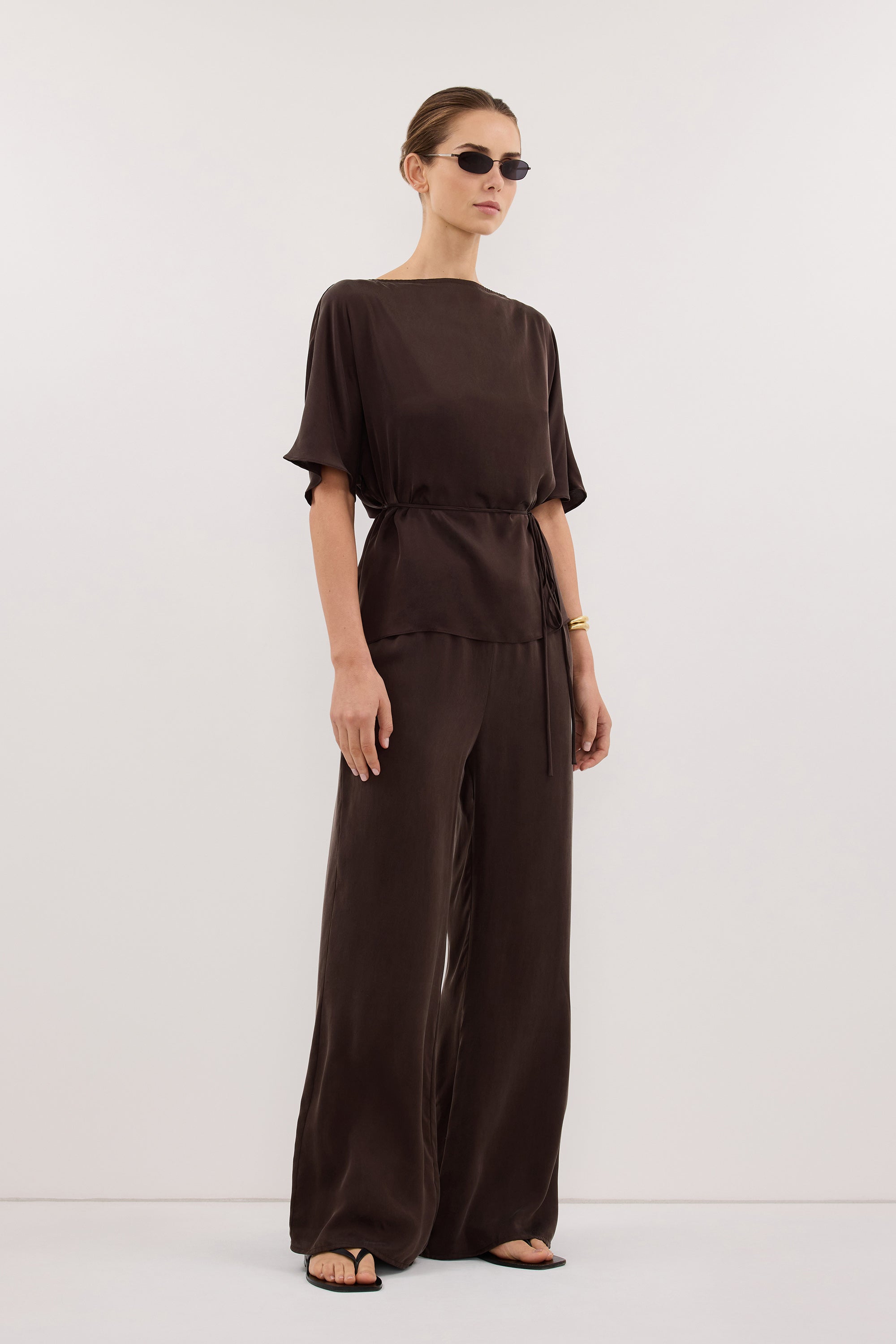 CORY BITTER CHOC SILK ASYM BATWING TOP