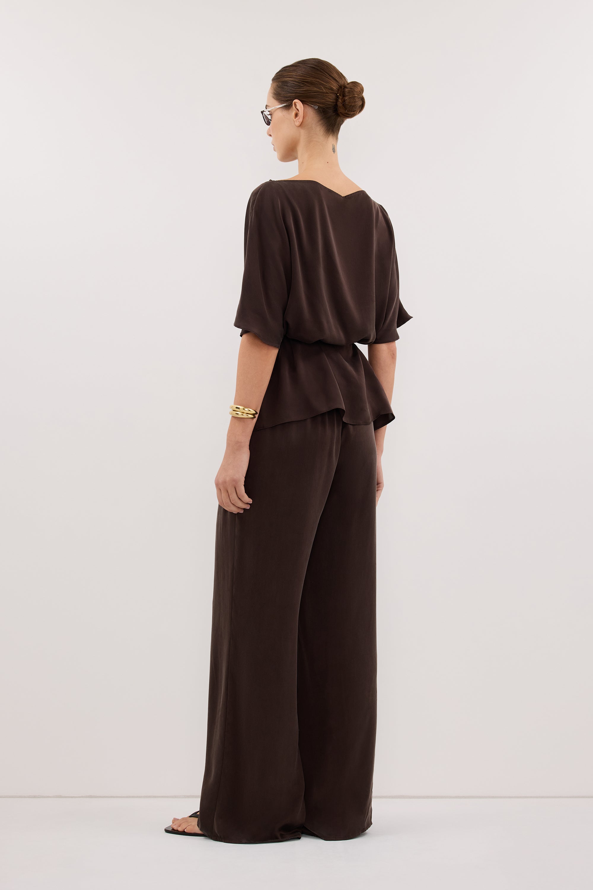 CORY BITTER CHOC SILK ASYM BATWING TOP
