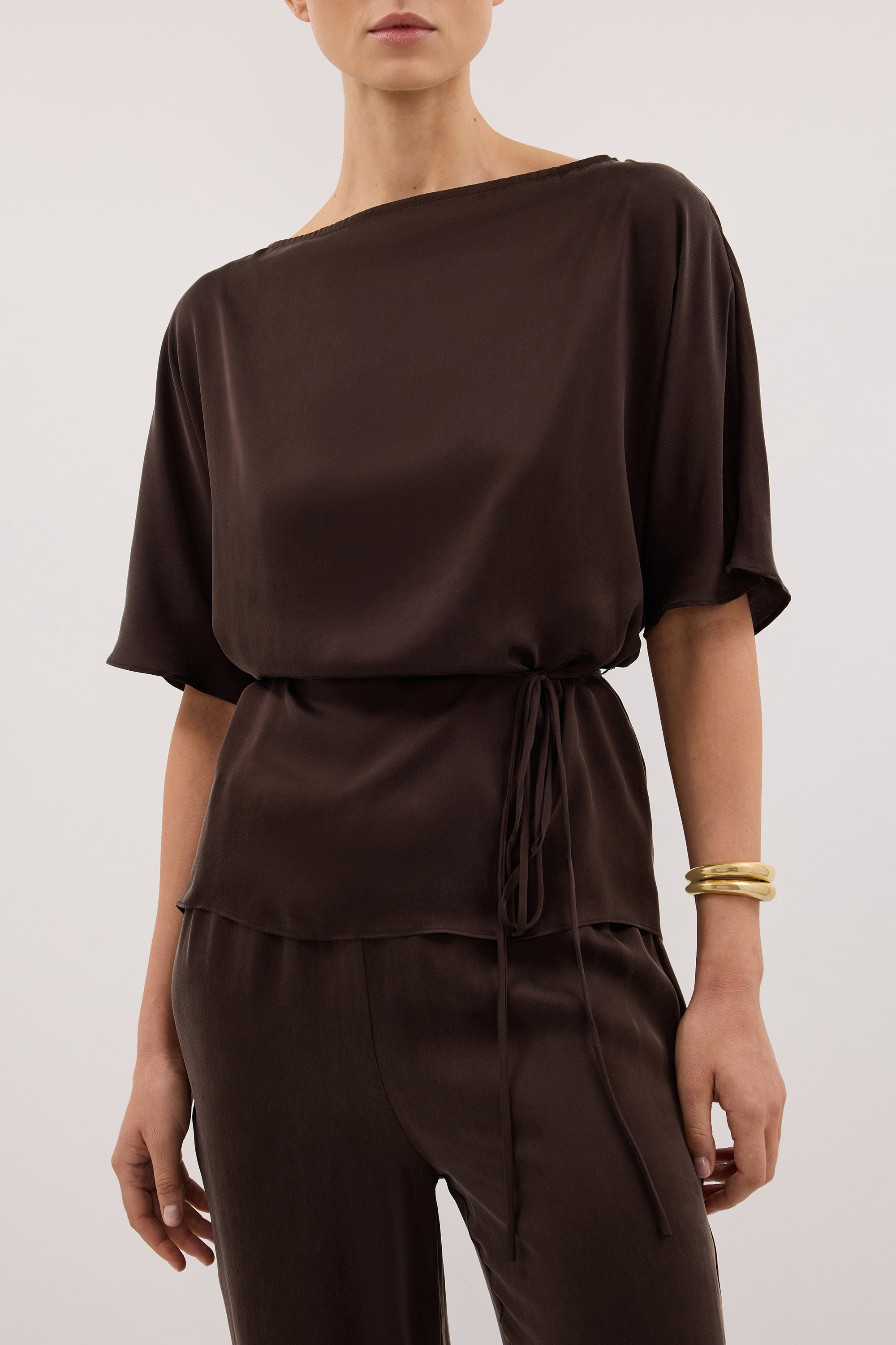 CORY BITTER CHOC SILK ASYM BATWING TOP
