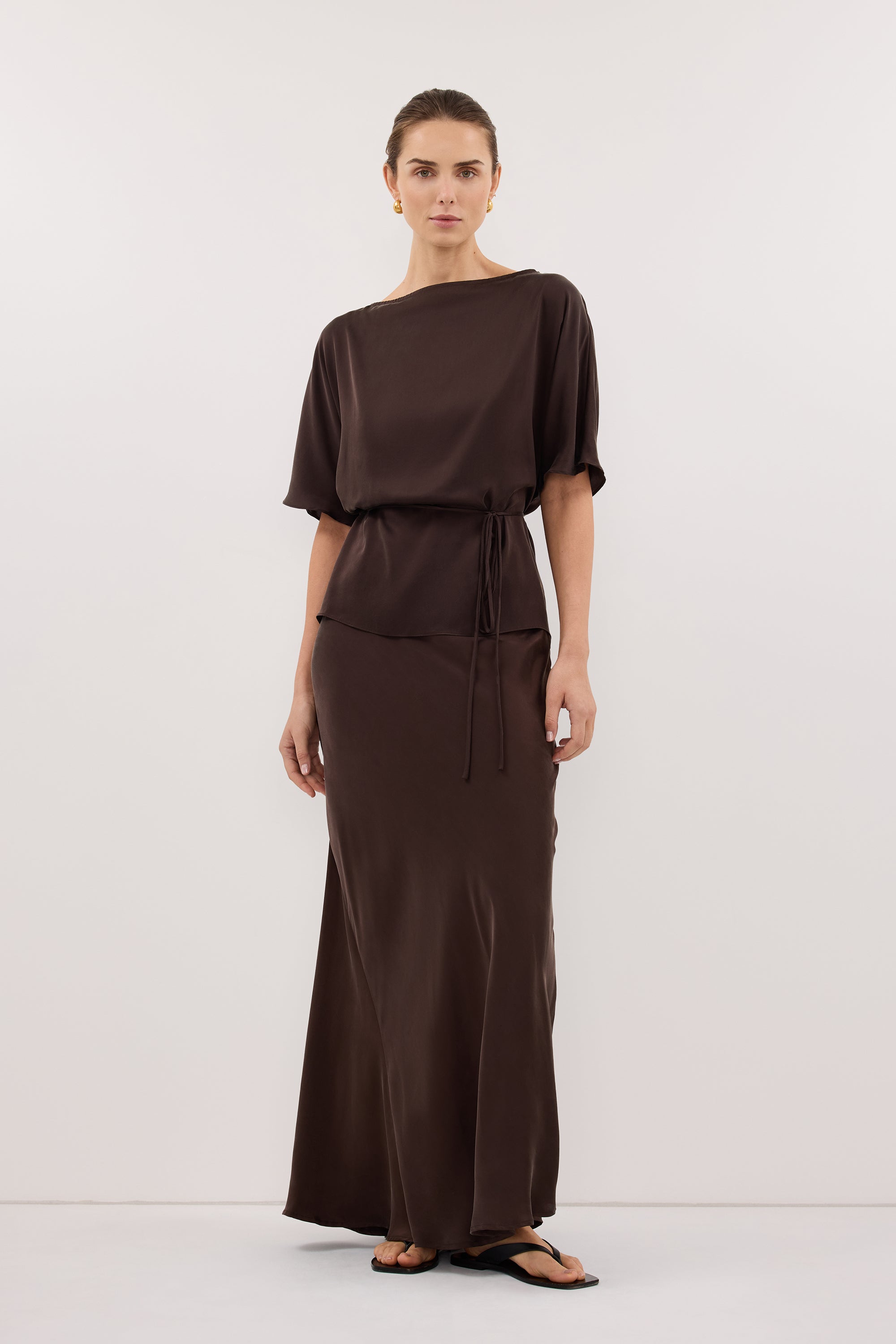 CORY BITTER CHOC SILK ASYM BATWING TOP