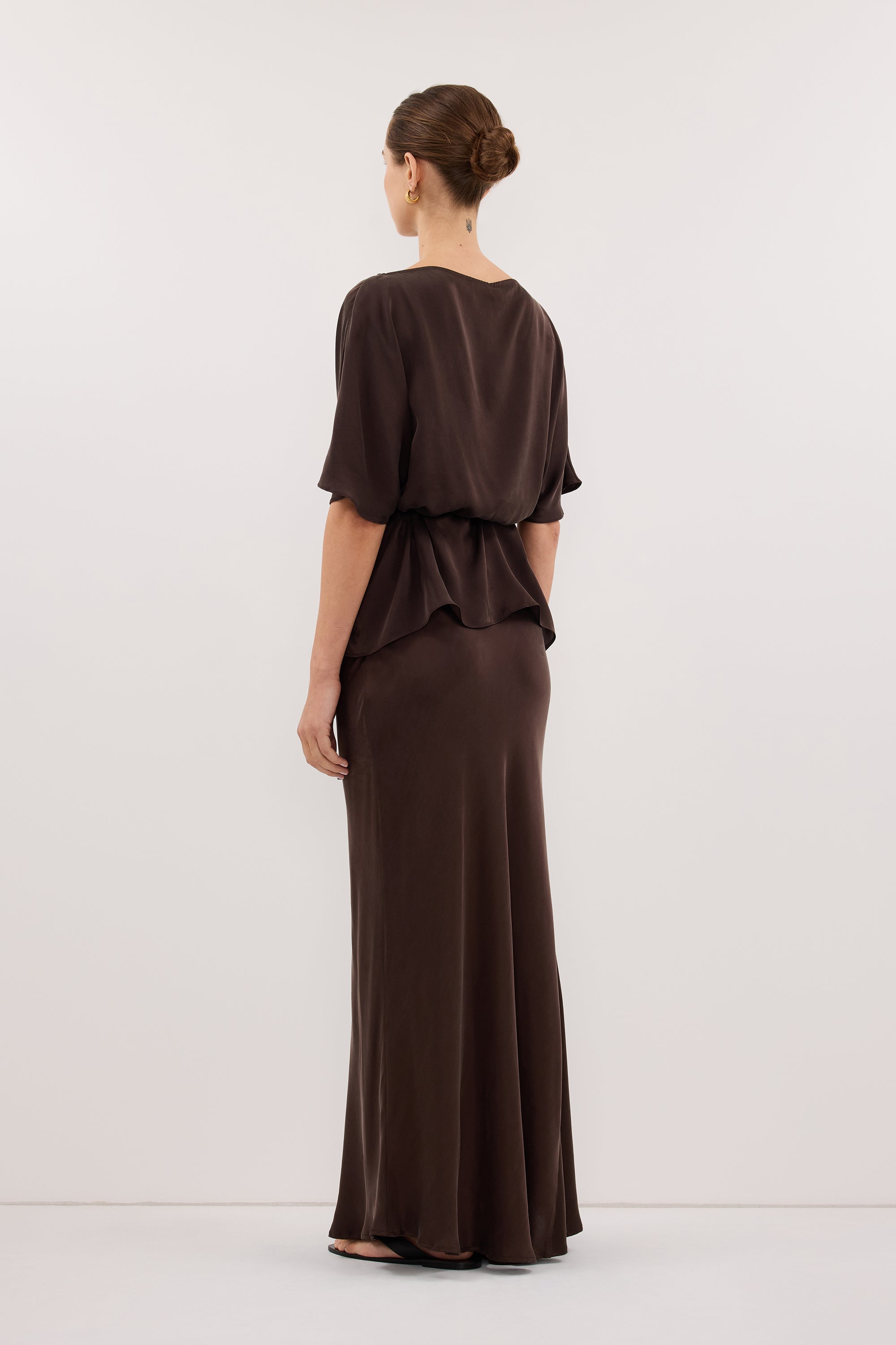 CORY BITTER CHOC SILK ASYM BATWING TOP