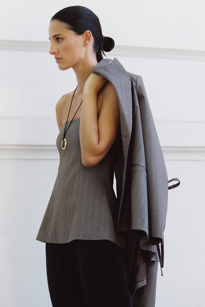 Adrienne wearing HAILEY CHOC STRAPLESS STRIPE BUSTIER TOP