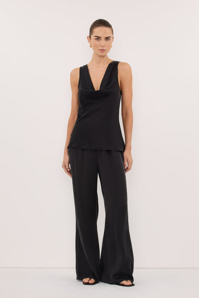 Stas wearing PEYTON BLACK SILK COWL TOP