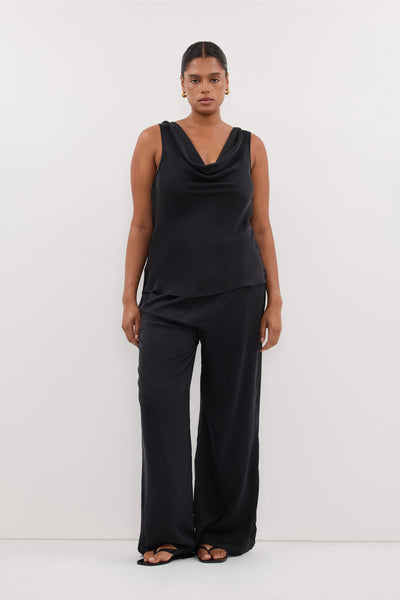 Amanda wearing PEYTON BLACK SILK COWL TOP