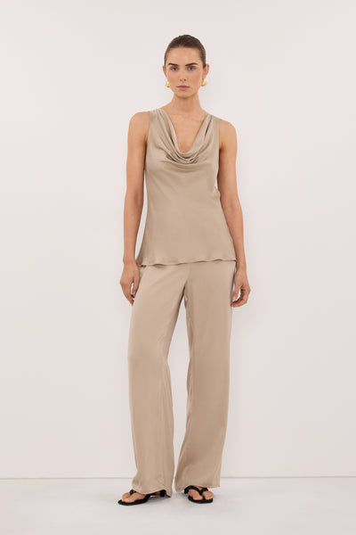 Stas wearing PEYTON GOLD SILK COWL TOP
