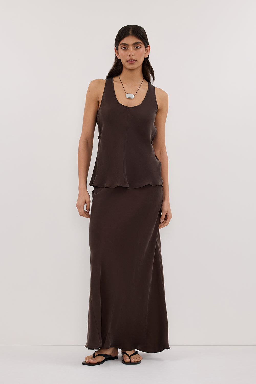 COLETTE BITTER CHOC SILK MIDI SKIRT – DISSH