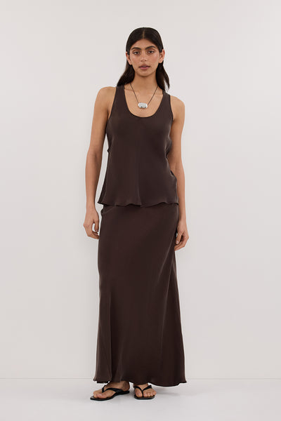 Annie wearing COLETTE BITTER CHOC SILK SKIRT