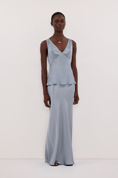 Maguette wearing COLETTE DUSTY BLUE SILK MIDI SKIRT