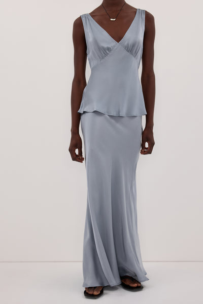 Maguette wearing COLETTE DUSTY BLUE SILK MAXI SKIRT
