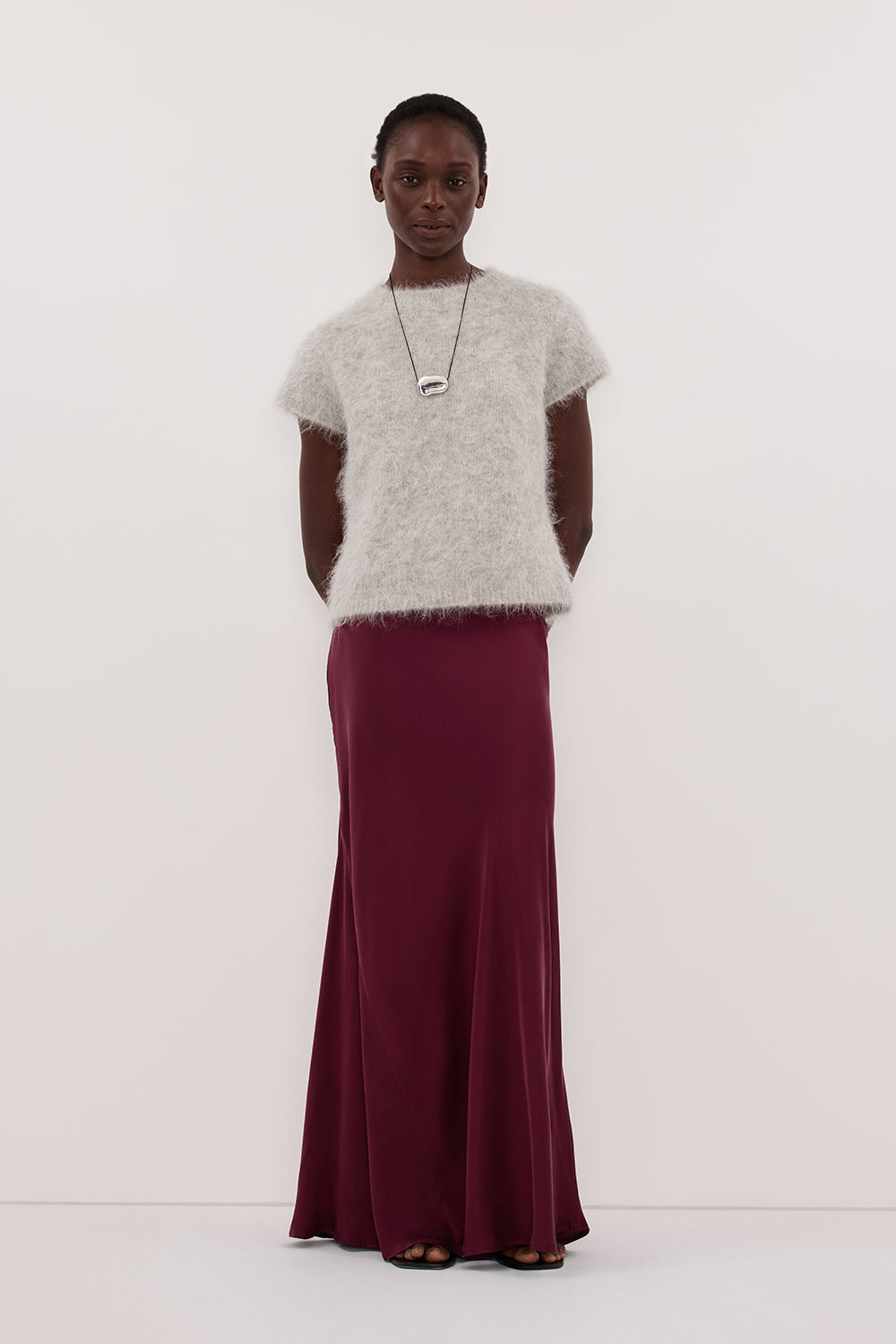 COLETTE MERLOT SILK MIDI SKIRT