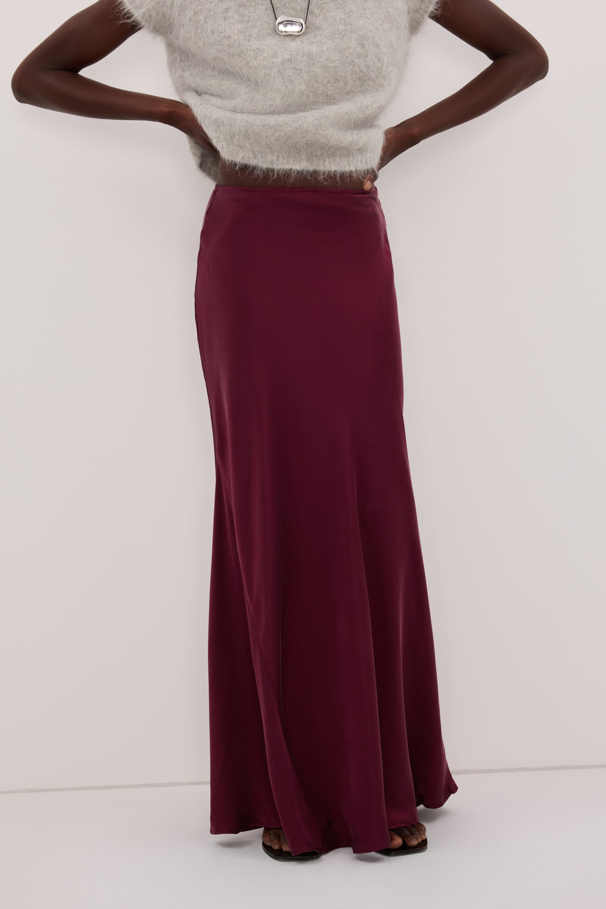 COLETTE MERLOT SILK MIDI SKIRT