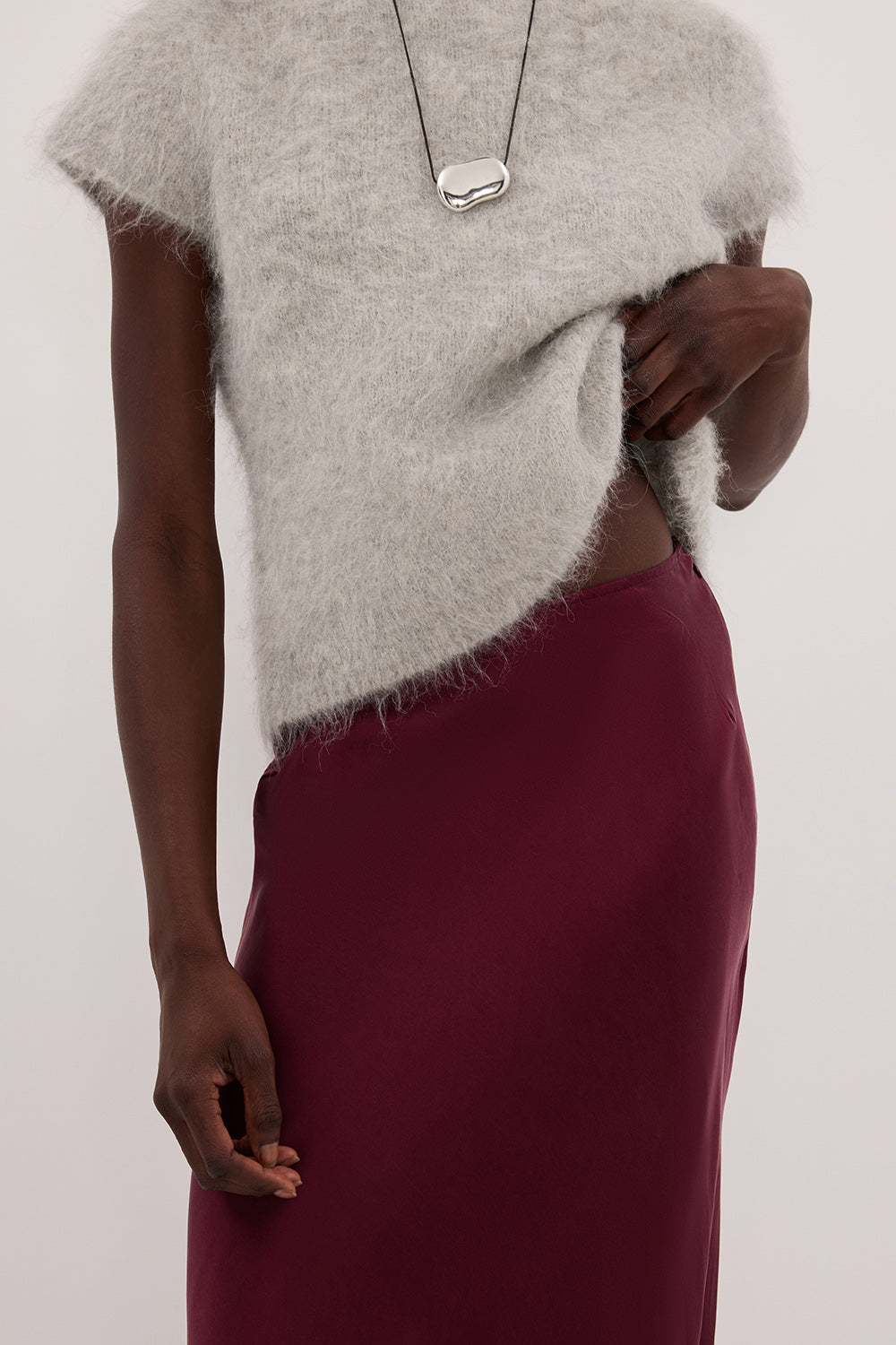 COLETTE MERLOT SILK MIDI SKIRT